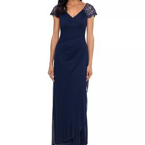 Xscape Lace-Sleeve Chiffon Gown – Navy Blue | NWT | Size 12